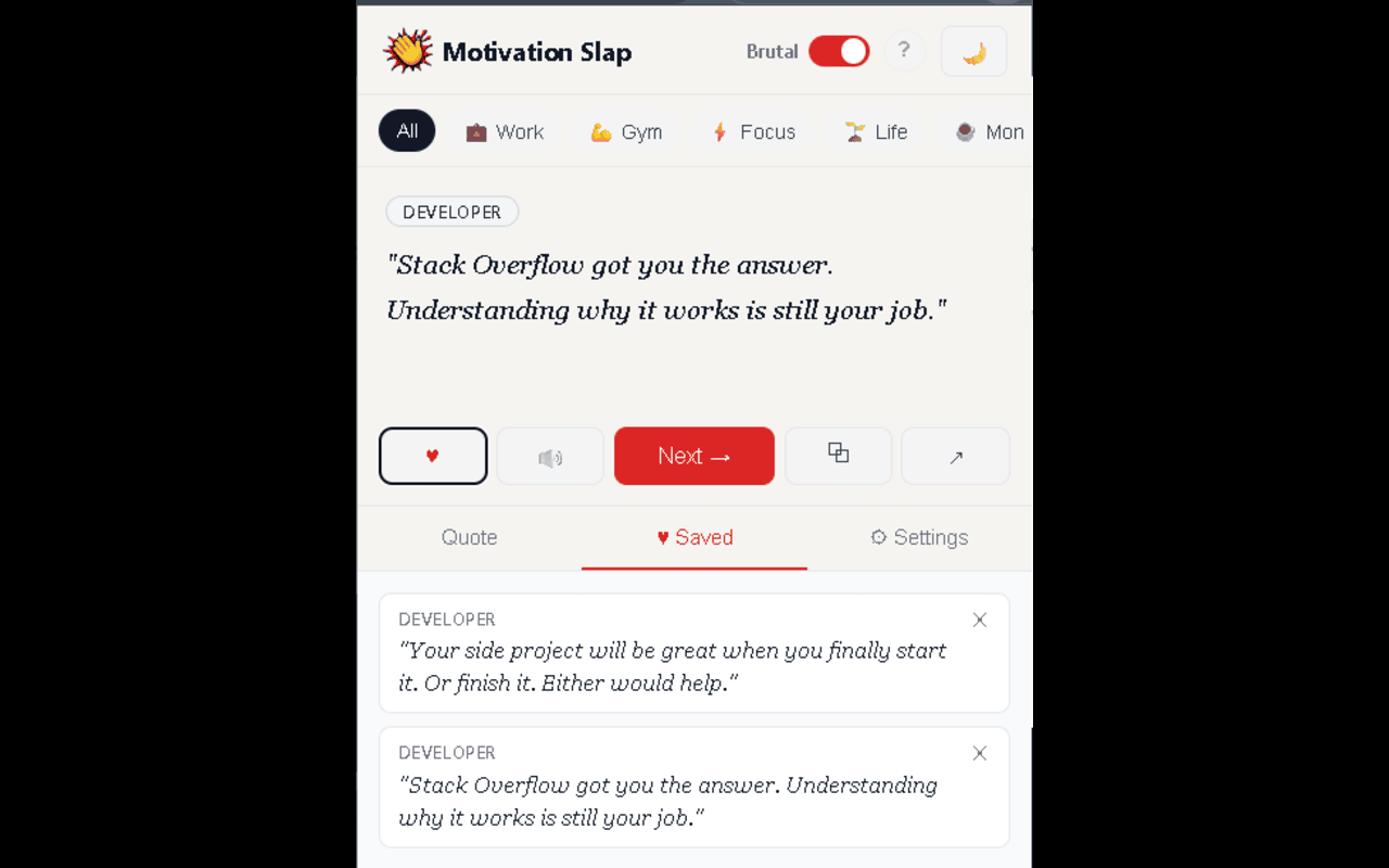 Saved favorites screen in Motivation Slap