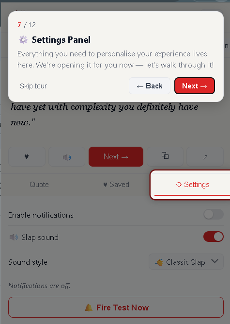 Tour step 7 – Settings panel